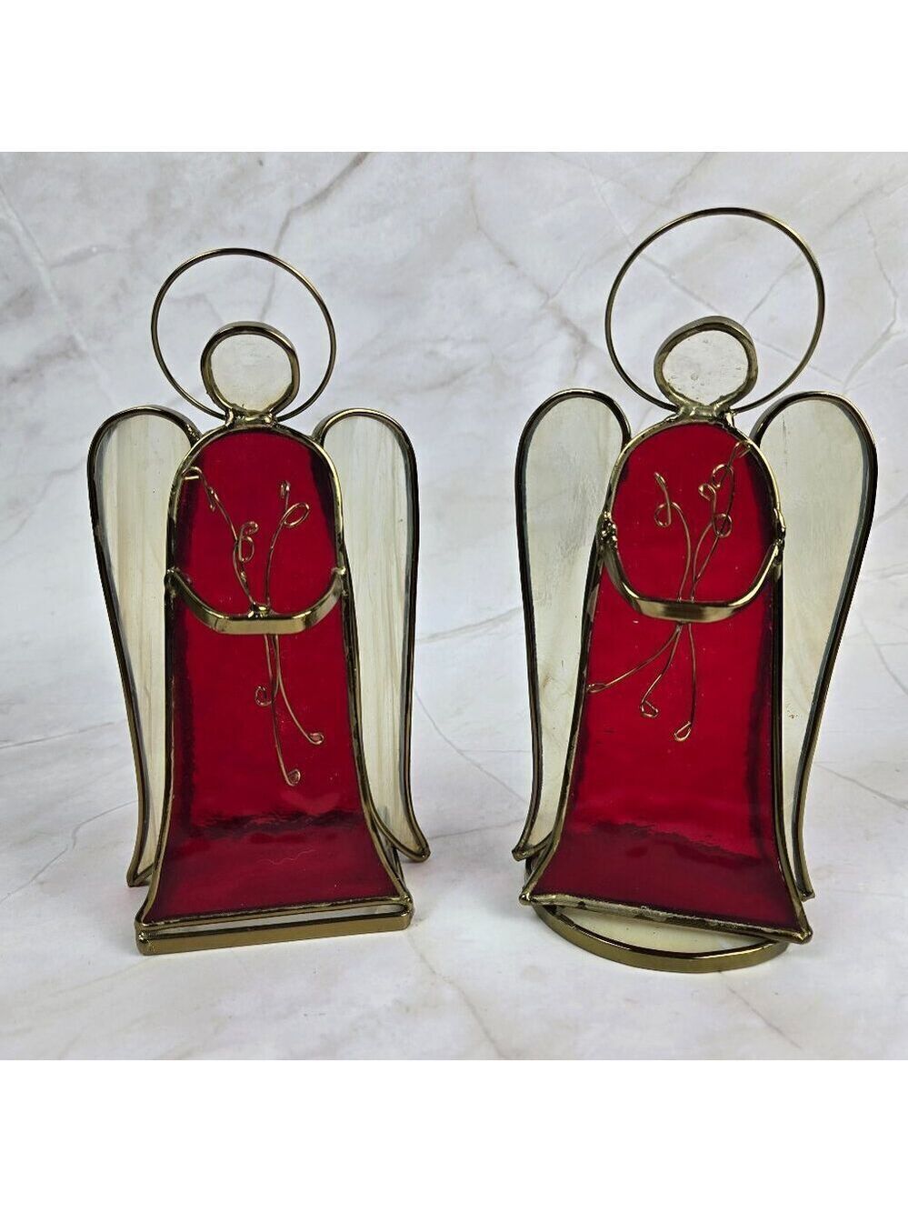 Pair of Stained Glass Angel Figurines Red White Gold Tealight Holders Vintage